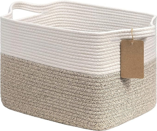 Goodpick Woven Storage Basket, Cotton Rope Basket for Dog Toys, Books, Stylish Gift Basket with Handles, 13 x 10 x 9 Inches Square Baskets for Organizing, Brown and White