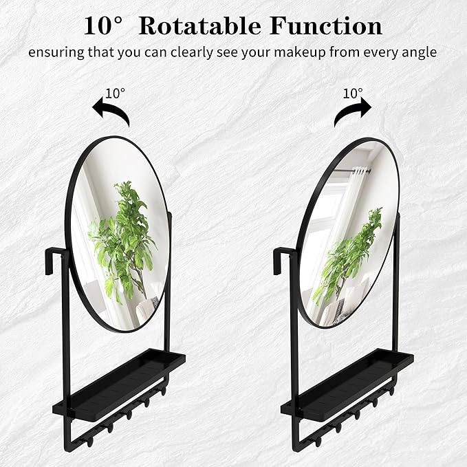 WONSTART Modern Black Round Wall Mirror with Shelf and Hooks, 29.5" x 21.7" Large Bathroom Mirror with 10° Adjustable Tilt for Entryway, Living Room, Hallway, Bedroom