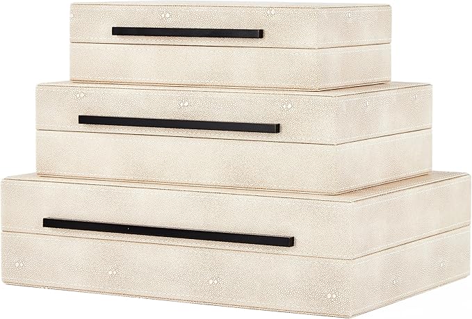 Denique Shagreen Decorative Boxes Set of 3, Leather Jewelry Storage Box Modern Storage Boxes with Lids, Ivory Stacking Boxes with Black Metal Handles Home Organizer Box