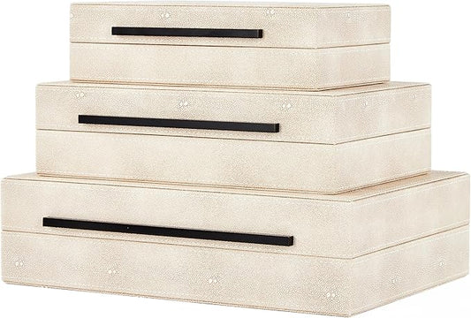 Denique Shagreen Decorative Boxes Set of 3, Leather Jewelry Storage Box Modern Storage Boxes with Lids, Ivory Stacking Boxes with Black Metal Handles Home Organizer Box
