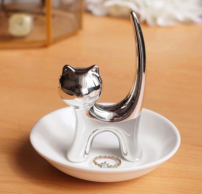 PUDDING CABIN Ring Holder Dish, Sliver Cat, Jewelry Storage for Women, Cat Lover Gifts, Christmas, Mother's Day, Birthday, Wedding, Engagement, Valentine's Day