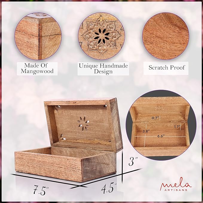 Mela Artisans Decorative Storage Box with Hinged Lid - Light Burnt, Medium | 7.5” x 4.5” x 3”, Rustic Serena Style|Crafted from Mango Wood|Ideal for Keepsakes, Trinkets, Jewelry and Tea Boxs, Book Box