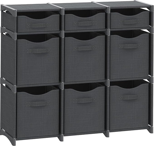 9 Cube Storage Organizer With Bins Included - Closet Storage With 9 Storage Bins - Easy To Assemble Storage Unit With Drawers - Closet Organization For Clothes, Bedroom, Nursery, & Toys (Dark Grey)