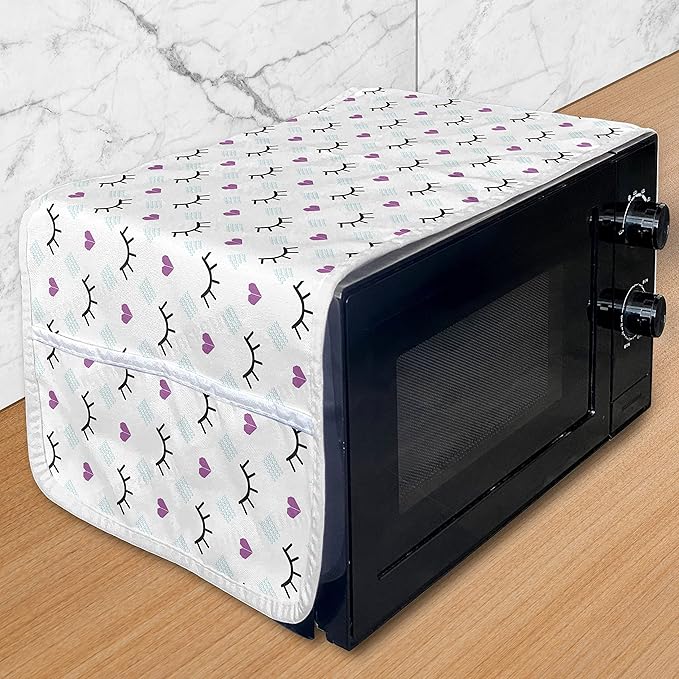 Ambesonne Eyelash Microwave Oven Cover, Winking Eyes and Pink Hearts Romantic Pattern Cartoon, Water Resistant Organizer with Pockets for Kitchen, 36" x 12", Blue Fuchsia