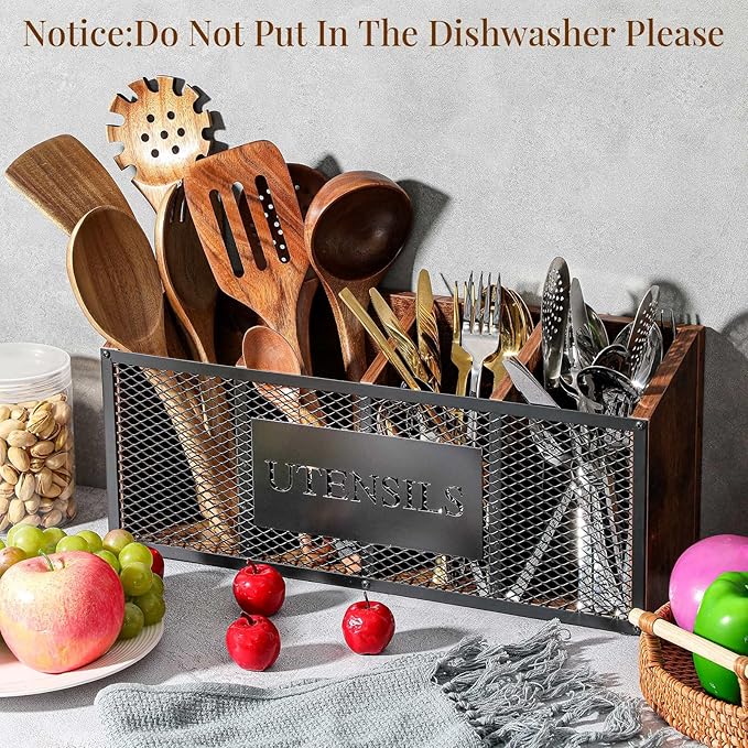 Extra Large Kitchen Utensil Holder Wooden with 4 Compartments, Utensil Organizer for Countertop, Cooking Silverware Storage for Rustic Kitchen Countertop Holder Farmhouse Cooking Container