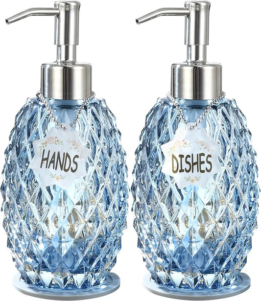 MALACHI Soap Dispenser Set, Crystal-Textured Diamond Glass with Rustproof Stainless Steel Pump, Dual-Labelled Hand & Dish Soap Dispenser for Kitchen & Bathroom