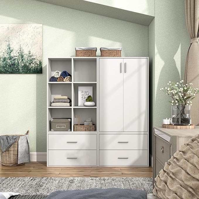 Homes: Inside + Out Apexa 3-Tier Stackable Wood Bookcase with Doors, Cube Storage Organizer Shelves, Small Food Pantry Cabinet, Dorm Teen Room Decor & Bedroom, Home Office, Kitchen, White