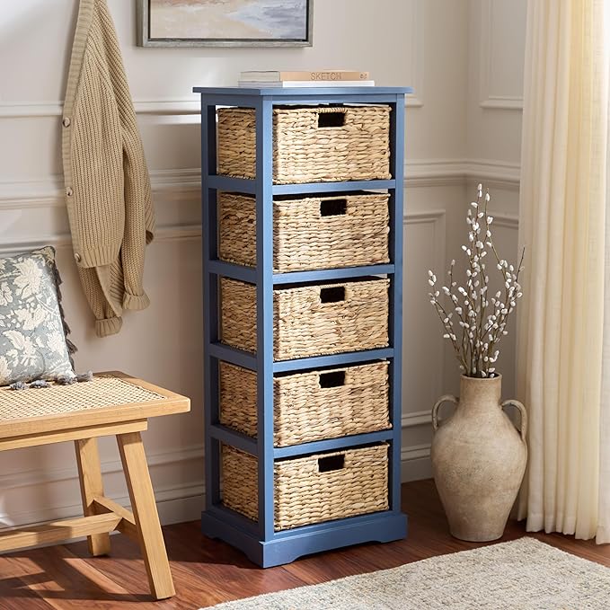 SAFAVIEH Home Collection â Vedette Blue 5-Basket Storage Tower, Natural Rattan Accent Design, Fully Assembled (AMH5739H)