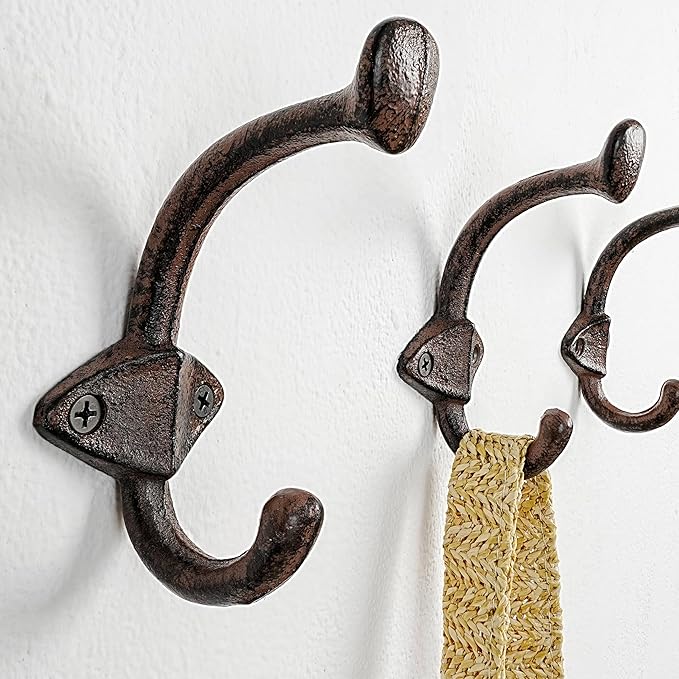 Dseap Cast Iron Wall Hooks L=5”, Heavy Duty Coat Hooks, Rustic Vintage Farmhouse Hook for Hanging Winter Coats Jackets Towels Hats Bags Plants, Antique Brown, Pack of 10 (ShieldBold)