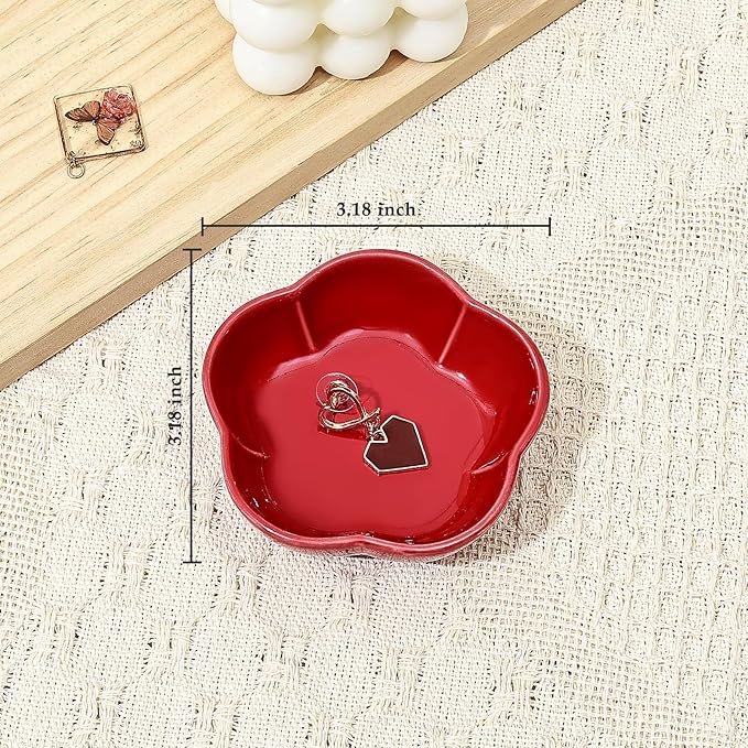 Koythin 2-Piece Small Trinket Dish, Ceramic Jewelry Ring Dish, Flower Key Holder Bowl for Women, Decorative Plate Tray for Dresser, Home Decor Organizer Trinket Tray (Five Petal Flower, Red)