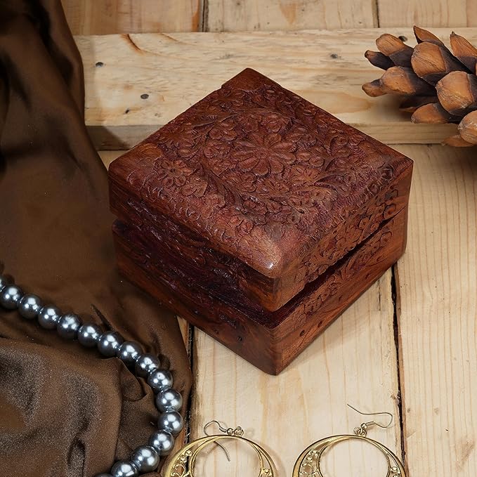 Ajuny Wooden Hand Carved Decorative Keepsake Box Jewelry Armoire Treasure Chest Trinket Holder Storage Travel Organiser Perfect Unique Gifts Ideas for Men and Women