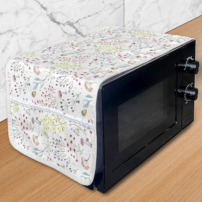 Ambesonne Colorful Microwave Oven Cover, Pastel Toned Watercolor Arrangement with Mushrooms and Wildflowers Dotted Design, Water Resistant Organizer with Pockets for Kitchen, 36" x 12", Green Pink