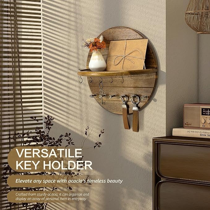 Rebee Vision Round Acacia Wood Key Holder Wall Mount for Home Decor - Decorative Key Holder for Wall with Entryway Shelf & 11 Hooks - Ideal for Living Room & Apartment Decor (Acacia Wood)