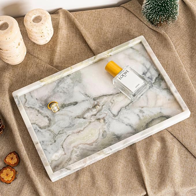 Koville Natural Marble Tray, 12x8â Coffee Table Vanity/Decorative Tray for Jewerly, Watch, Perfume Candle Storage for Bedroom/Bathroom/Kitchen Countertop
