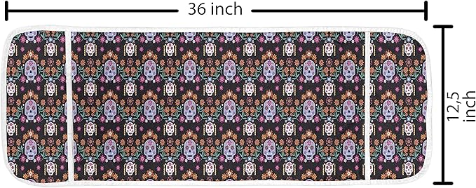 Ambesonne Dia De Los Muertos Microwave Oven Cover, Continuous Mexican Sugar Skull Pattern with Flowers on Dark, Water Resistant Organizer with Pockets for Kitchen, 36" x 12", Purple Black