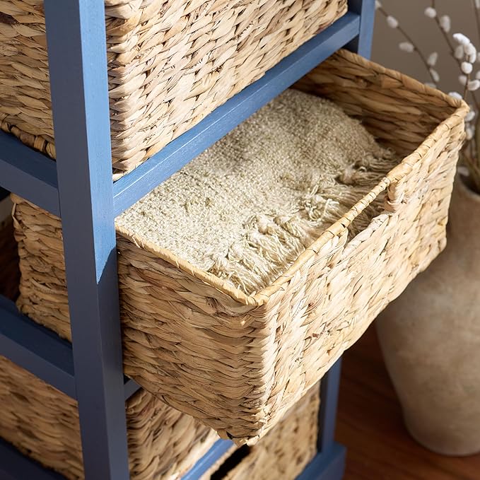 SAFAVIEH Home Collection â Vedette Blue 5-Basket Storage Tower, Natural Rattan Accent Design, Fully Assembled (AMH5739H)
