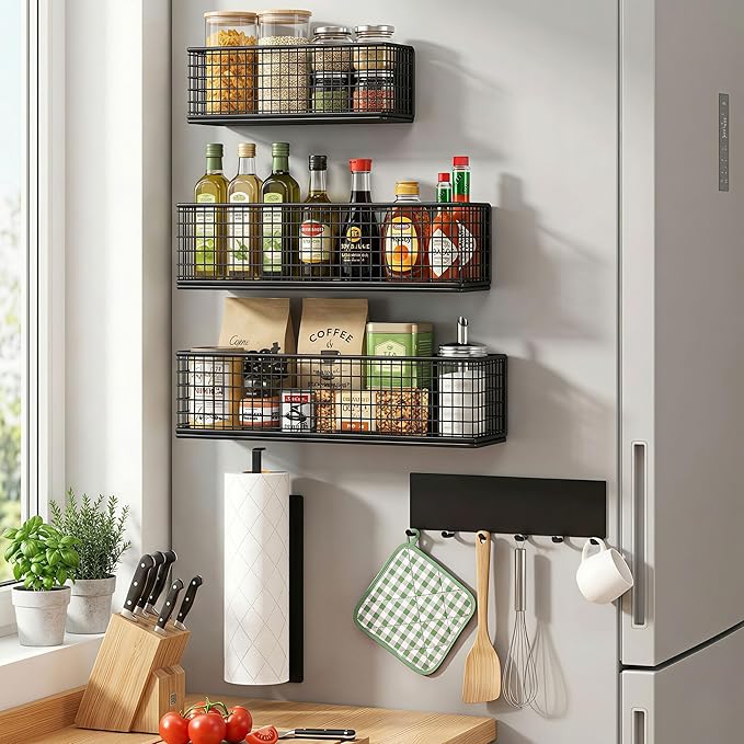 Magnetic Organizer For Refrigerator,With Spice Rack,Hooks Paper Towel Holder Utensils Racks, For Traeger Grills Of Washing Machine Side (Black, 5-Pack)