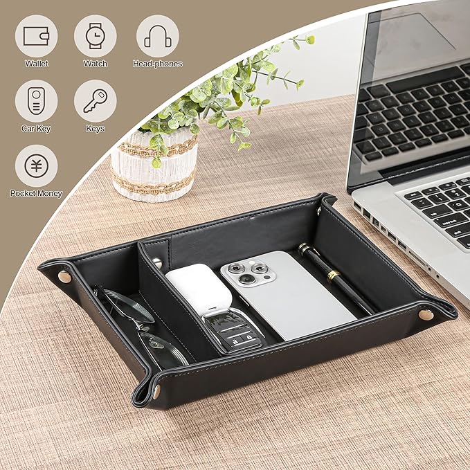 Deluxe Leather Tray Desktop Storage Organizer Watch Remote Control Jewelry Cell Phone Wallet Keychain Desktop Storage for Home, Camping Unique Gift Ideas for Men and Friends