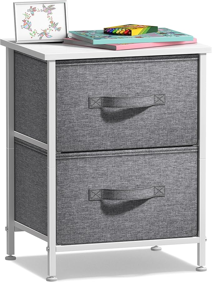 Sorbus Nightstand with 2 Drawers - Bedside Furniture End Table Night Stand with Steel Frame, Wood Top & Easy Pull Fabric Bins - Small Dresser & Chest for Home, Bedroom Accessories & Office
