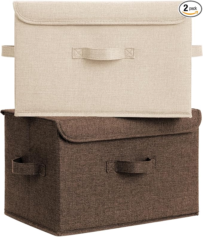 GRANNY SAYS Stoarge Basket with Lid, Decorative Storage Boxes, Closet Storage Bins for Clothes, Collapsible Stackable Organization, Khaki&Brown, 2-Pack