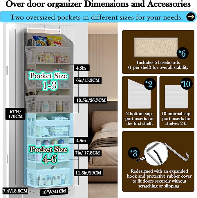 PAULONE 1 Pack Heavy Duty Over the Door Organizer, 6 Large + 12 Mesh Pockets with 89 lbs Capacity, Space-Saving Hanging Storage for Shoes, Toys, Bedroom & Closet (6-Layer Off-White)