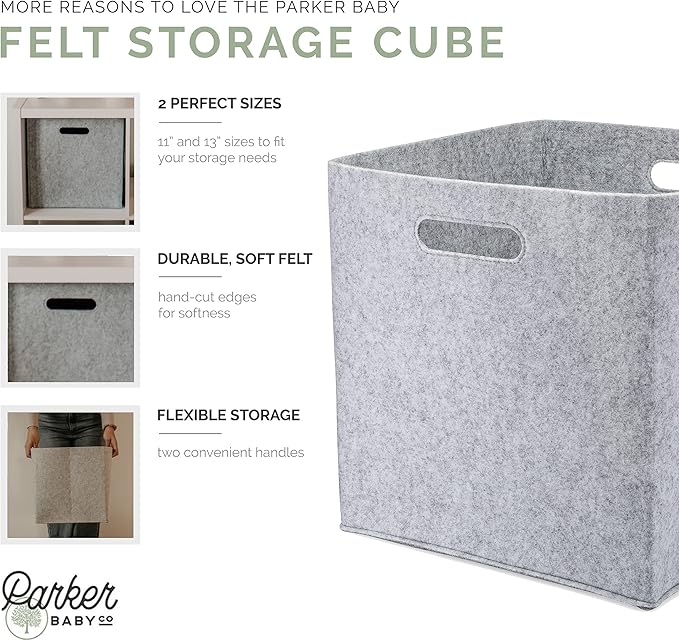 Parker Baby Felt Foldable Storage Cube - 11 Inch Nursery Cubby Bin for Cube Organizer, Closet Organizers and Storage Toy Bin, Rope Baskets Bins for Toyâs Storage - Gray