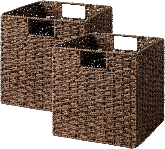 StorageWorks 11 inch Wicker Storage Cubes, Handwoven Cube Storage Bin, Square Cubes Basket, Foldable Paper Rope Basket for Organizing, Brown, 2 Pack