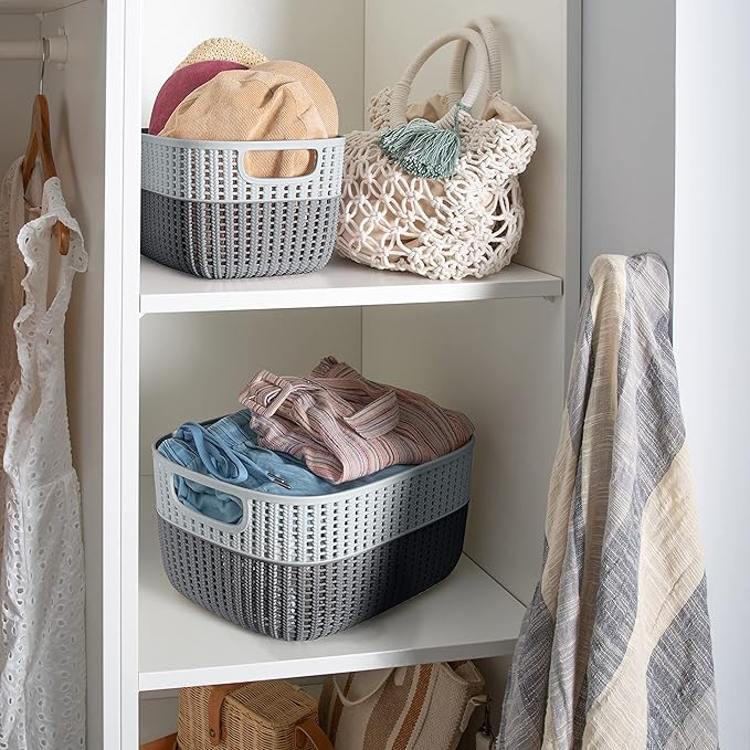 Simplify 4 Pack 2 Tone Sailor Knot Plastic Storage Tote | Decorative Basket | Closet Organization | De-clutter | Accessories | Toys | Bathroom Organization | Medium | Grey/Grey