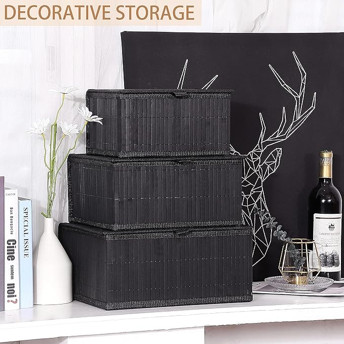 Honygebia Bamboo Decorative Storage Boxes - Set of 3 Woven Lined Storage Basket with Lids, Black Wicker Lidded Baskets for Home Kitchen Shelf Organizer Decor