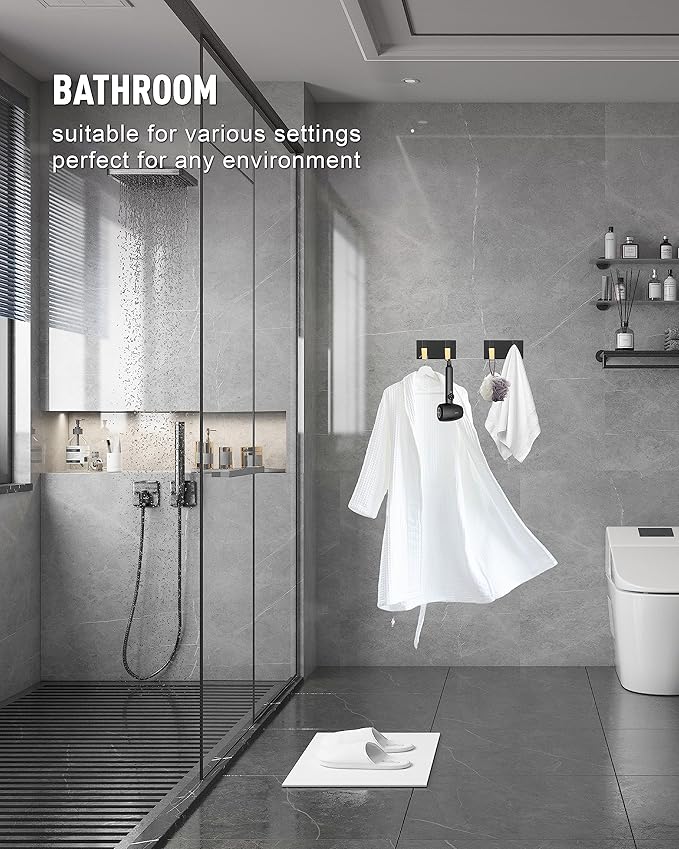 2 Pack，Modern Waterproof Black Gold Wall Hooks，Foldable Towel Hooks for Bathrooms, Coat Hooks Wall Mounted - Ideal for Bathroom, Kitchen, Balcony
