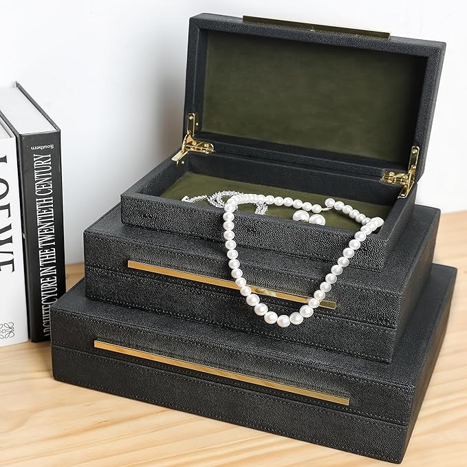 Modern Decorative Box Faux Shagreen Leather, Decorative Storage Boxes with Lids for Home Decor, Large Multifunctional Storage Jewelry Box Organizer(black 3PCS)