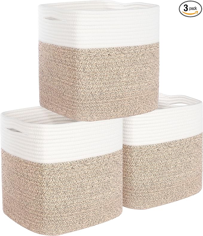 MINTWOOD Design 3-Pack 11x11in Woven Cube Storage Bin and Shelf Baskets, Cute Decorative Square Organizer for Closet, Classroom, Bathroom, Dog and Cat Toys, and Books, Light Brown