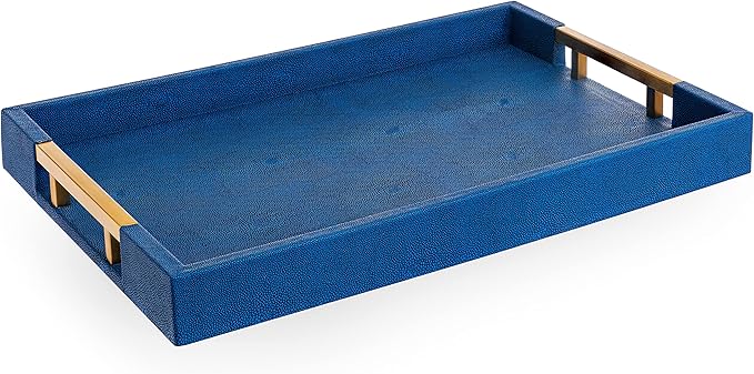 Modern Elegant 17.5âx12â Rectangle Navy Blue Faux Leather Shagreen Decorative Tray Ottoman Tray Coffee Table Perfume Living Room Kitchen Serving Tray with Brass Gold Metal Handles by Home Redefined.