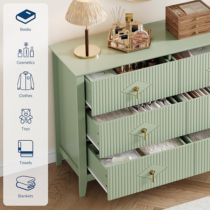 GarveeHome Fluted Dresser for Bedroom, 47.2 Inch Wide 6-Drawer Wood Dresser, Modern Chest of Drawers, Storage Organizer Cabinet for Living Room, Hallway, Entryway, Green