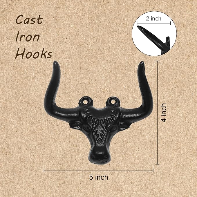 Cast Iron Wall Mount Hook – Black Bull Design, 1 Pack – Vintage Rustic Coat Hook for Entryway, Bathroom, Kitchen, or Bedroom