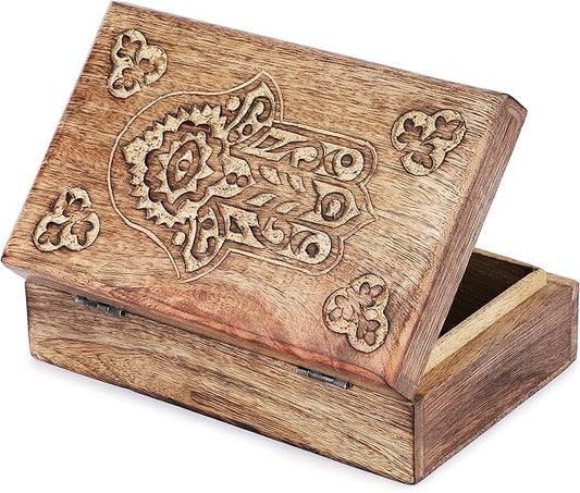 Ajuny Handcrafted Wooden Jewelry Box Hamsa Design Carving Solid Multipurpose Keepsake Storage Travel Organizer Treasure Chest Vintage Decorative Trinket Holder Gifts 8x5 Inch