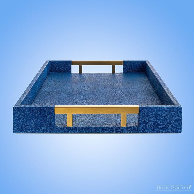 Modern Elegant 17.5âx12â Rectangle Navy Blue Faux Leather Shagreen Decorative Tray Ottoman Tray Coffee Table Perfume Living Room Kitchen Serving Tray with Brass Gold Metal Handles by Home Redefined.