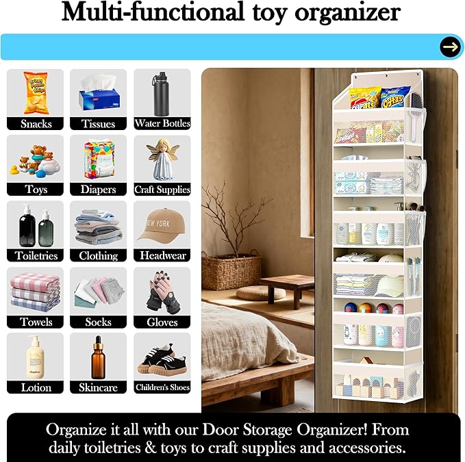 PAULONE 1 Pack Heavy Duty Over the Door Organizer, 6 Large + 12 Mesh Pockets with 89 lbs Capacity, Space-Saving Hanging Storage for Shoes, Toys, Bedroom & Closet (6-Layer Off-White)