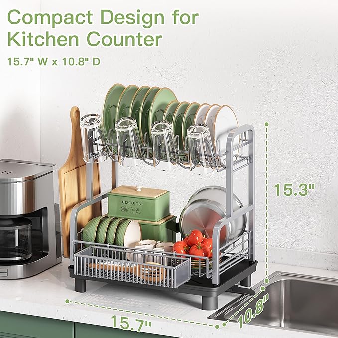 2 Tier Stainless Steel Large Capacity Dish Drainers Drying Rack for Kitchen Counter, Metal Gray Rust Proof Plate Strainers Holder On Countertop with Drainboard Tray, Space Saving, Aesthetic Modern