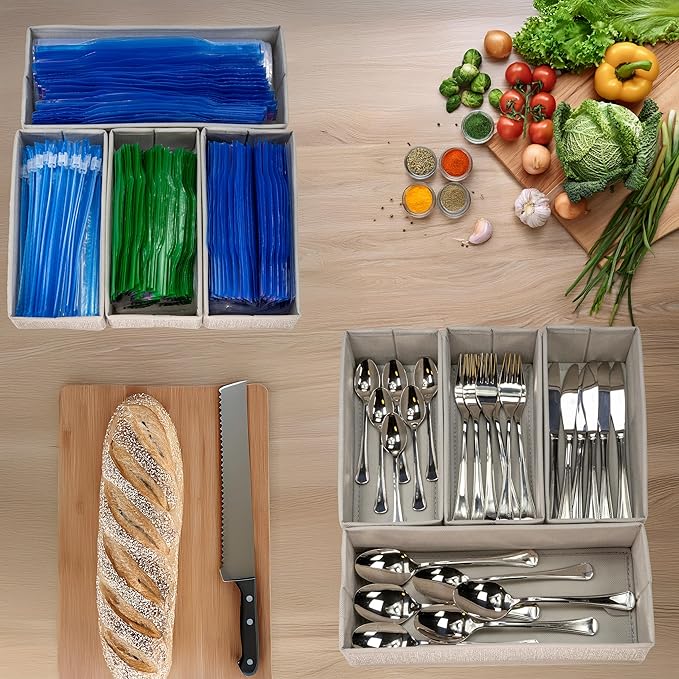 Drawer Organizer - 4-Piece Rigid Fabric Storage Bin Set - Fits Gallon, Quart and Sandwich Bags, Utensils & Silverware