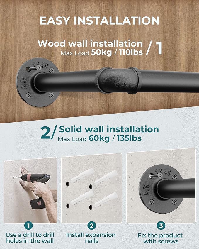 OROPY Industrial Pipe Clothes Rack Wall Mounted Set of 2, 38.4 inches Heavy Duty Iron Pipe Clothing Garment Rail, Multi-Purpose Clothing Hanging Rod for Laundry Room and Closet Storage