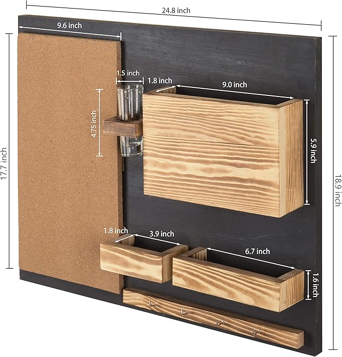 MyGift 25 x 19 Inch Wall Mounted Dual Tone Solid Wood Entryway Organizer with Cork Bulletin Board, Mail Holder, Glass Flower Vase, and 4 Hanging Hooks for Keys