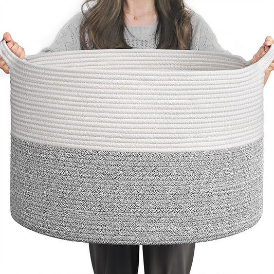 INDRESSME Large Blanket Basket, Laundry Toy Storage Baskets, Decorative Woven Basket for Living Room & Nursery, Baskets for Gifts Empty, Laundry, Dog Toys, Towels, Light Grey, 19.7" D x 12.6" H