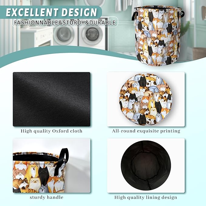 Colorful Cats Cute Animal Laundry Basket Foldable With Handles Tote Bag Oxford Cloth Funny Laundry Hamper Clothes Storage Bucket Toy Organizer 18.9" x 16.5" For Bathroom/Laundry/Bedroom