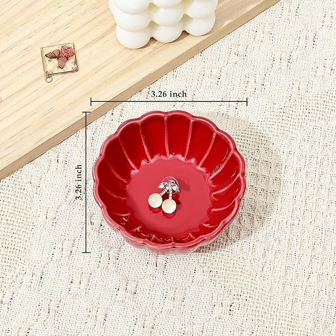 Koythin 2-Piece Small Trinket Dish, Ceramic Jewelry Ring Dish, Flower Key Holder Bowl for Women, Decorative Plate Tray for Dresser, Home Decor Organizer Trinket Tray (Round Petal Flower, Red)