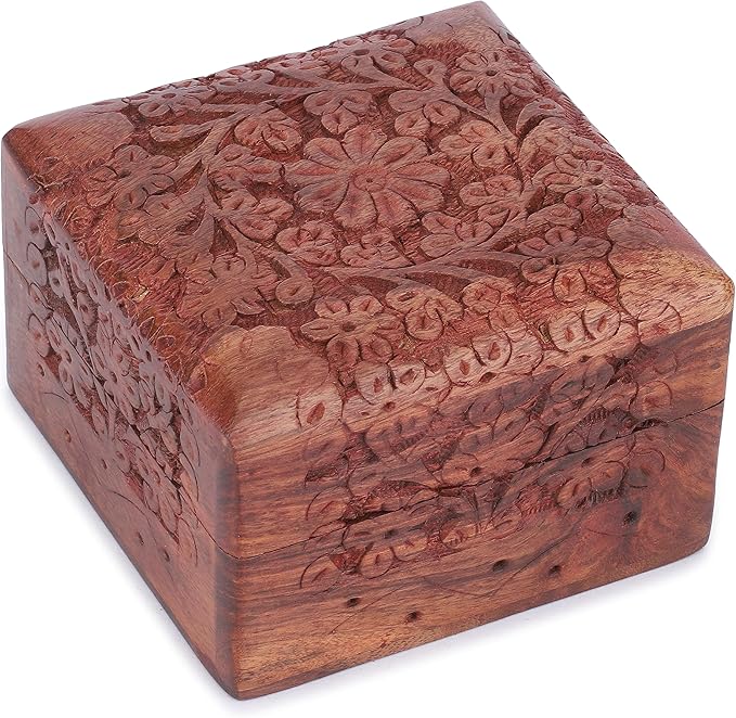 Ajuny Wooden Hand Carved Decorative Keepsake Box Jewelry Armoire Treasure Chest Trinket Holder Storage Travel Organiser Perfect Unique Gifts Ideas for Men and Women