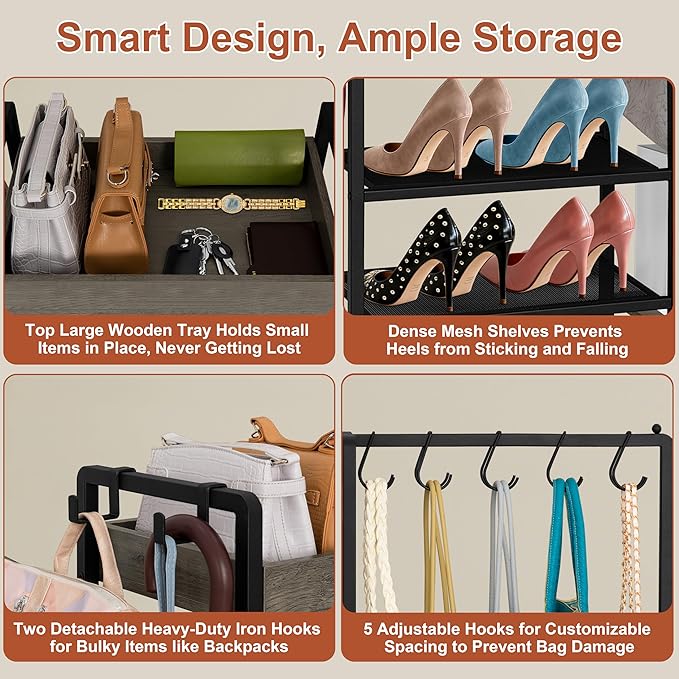 2-in-1 Narrow Shoe Rack with Bag Organizer, Garage Shoe Rack with Wooden Tray & 7 Hooks, Industrial Metal Shoe Shelf for Boot Storage, Front Door Entrance, Entryway, Closet, Black