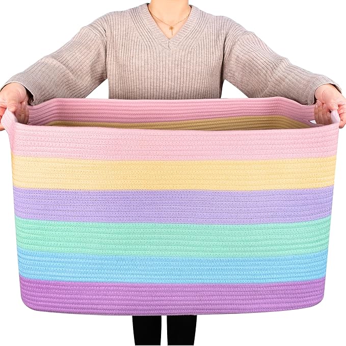 MINTWOOD Design 22in Extra Large Blanket Basket Holder Living Room, Rectangle Rope Woven Storage Basket with Handles for Laundry, Pool Towels, and Shoes, Dog Toy Organizer Bin Box, Pastel Rainbow