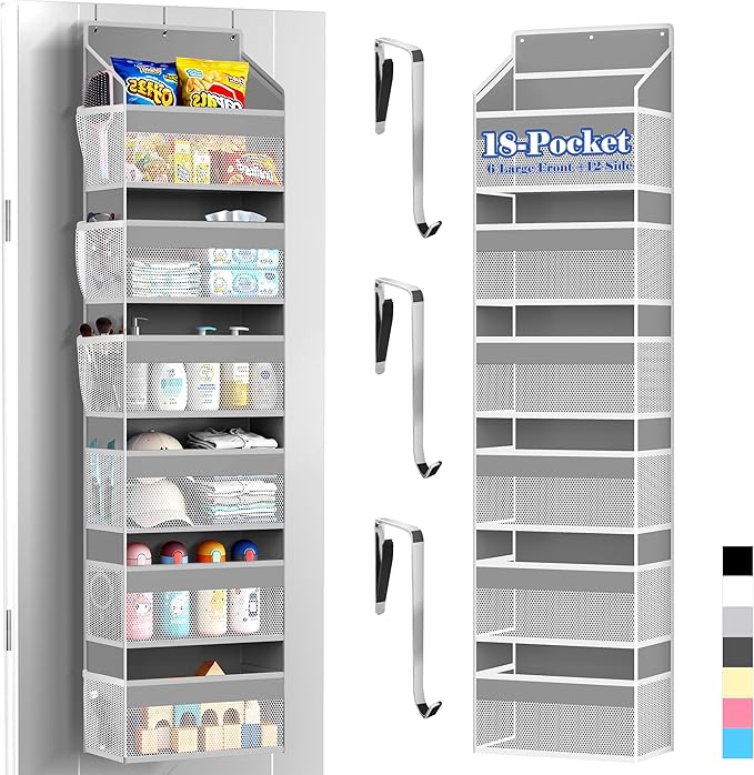 PAULONE 1 Pack Heavy Duty Over the Door Organizer, 6 Large + 12 Mesh Pockets with 89 lbs Capacity, Space-Saving Hanging Storage for Shoes, Toys, Bedroom & Closet (6-Layer Light Gray)