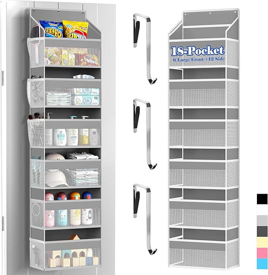PAULONE 1 Pack Heavy Duty Over the Door Organizer, 6 Large + 12 Mesh Pockets with 89 lbs Capacity, Space-Saving Hanging Storage for Shoes, Toys, Bedroom & Closet (6-Layer Light Gray)